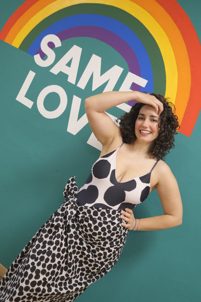 Costume con scollo a V stampa pois grandi - BIANCO