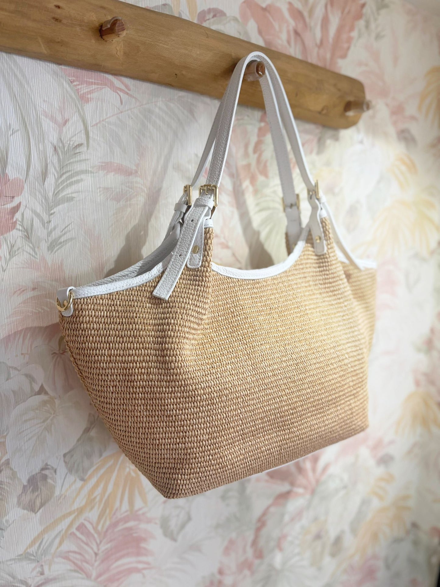 Borsa in rafia e vera pelle - BIANCO