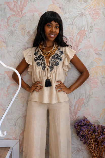 Completo ricami blusa con pantalone - BEIGE