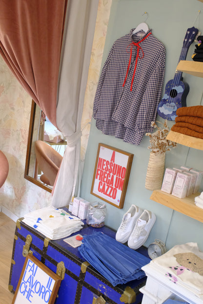 Camicia Quadretti Nastro Sul Collo - BLUE