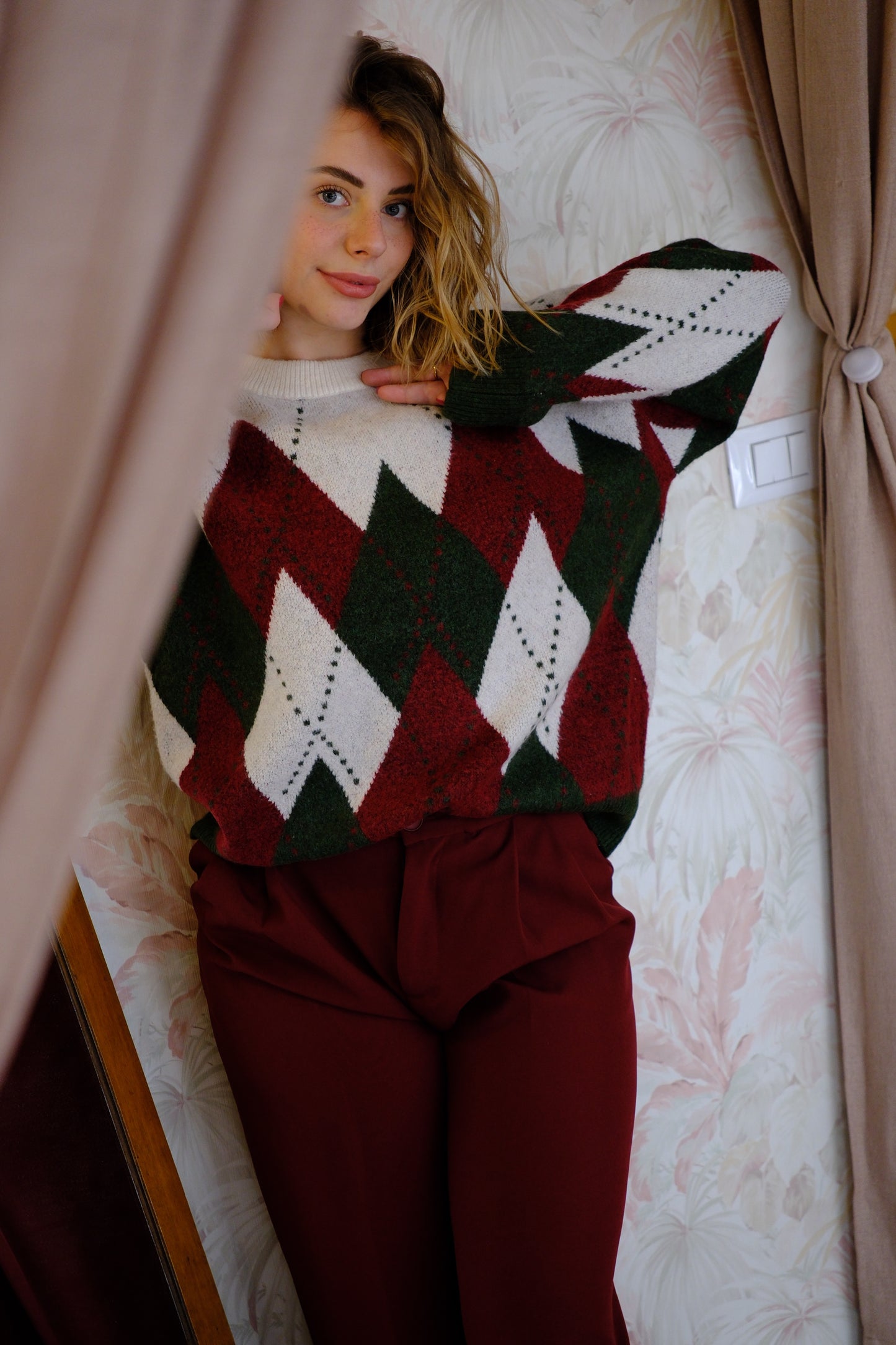 Maglione fantasia rombi bicolore - VERDE/BEIGE