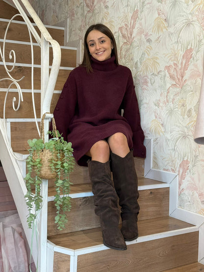 Abito in maglia over bottoni sulle maniche - BORDEAUX