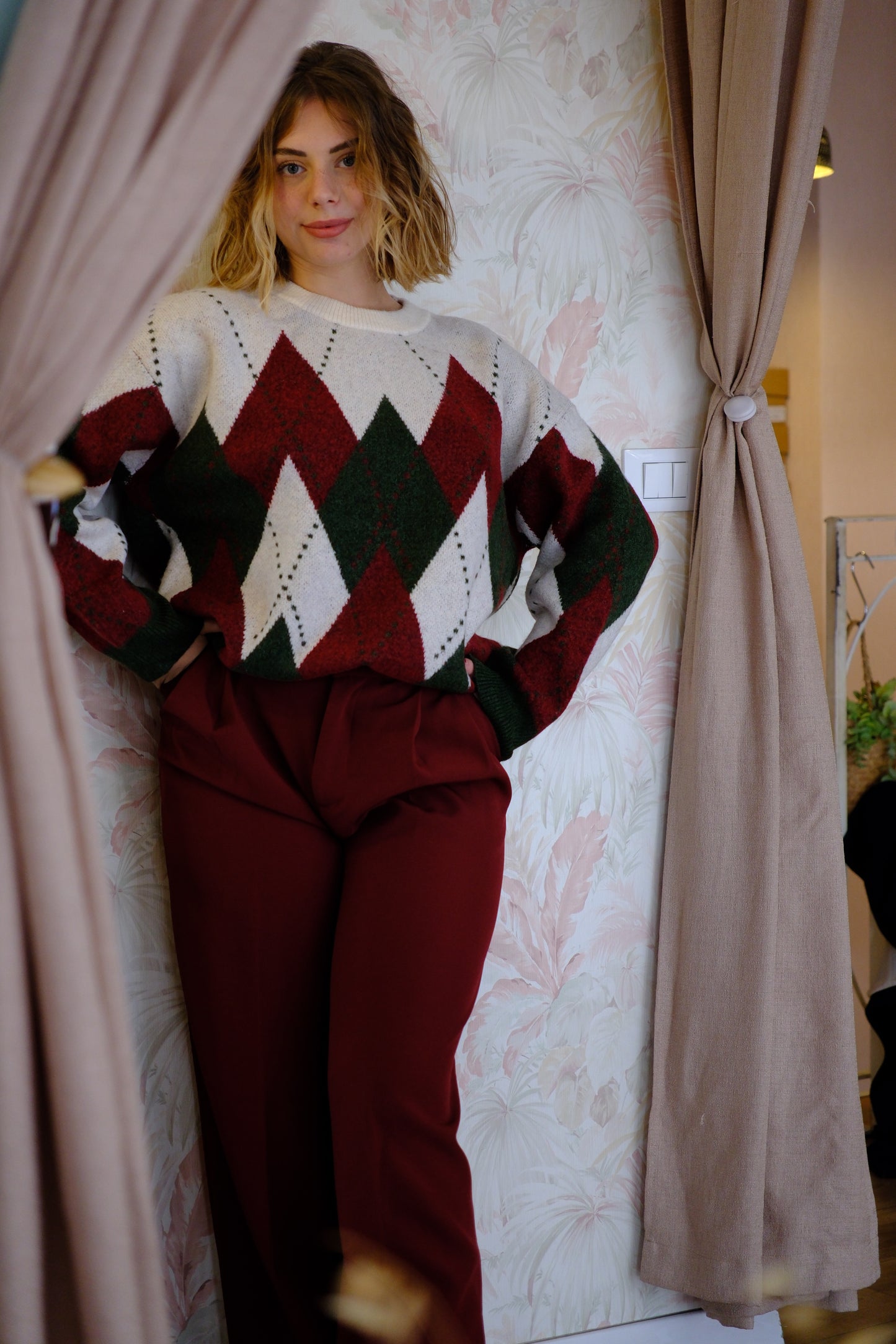 Maglione fantasia rombi bicolore - VERDE/BEIGE