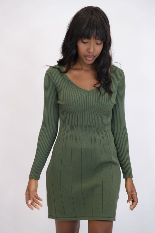 Abito maglia scollo V - VERDE