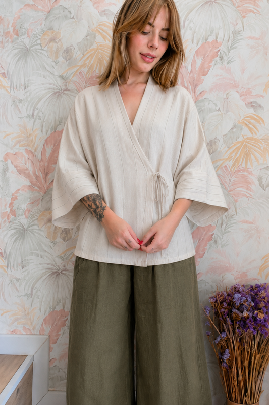 Kimono gessato con laccio - BEIGE