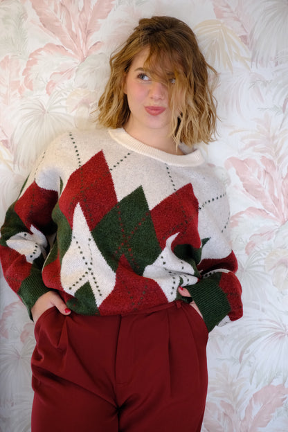 Maglione fantasia rombi bicolore - VERDE/BEIGE