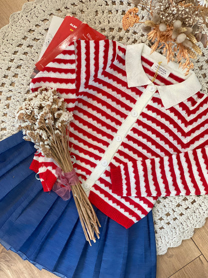Cardigan 51C/10331 righe e colletto - BURRO/ROSSO