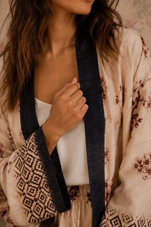 Kimono fantasia floreale - BEIGE