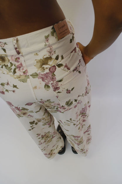 Pantalone Cotone Costine Floreale - PANNA