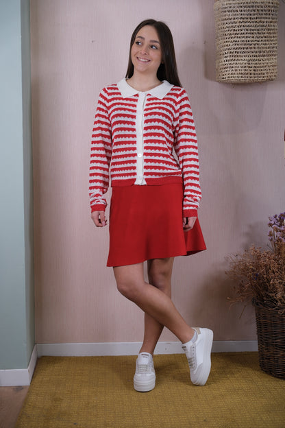 Cardigan 51C/10331 righe e colletto - BURRO/ROSSO