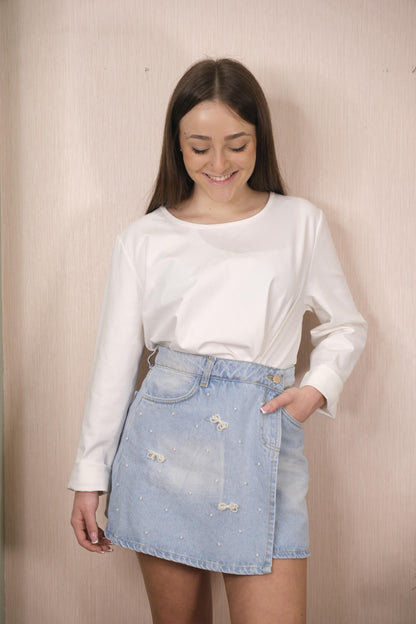 Gonna LOK622 fiocchi e perline - DENIM CHIARO