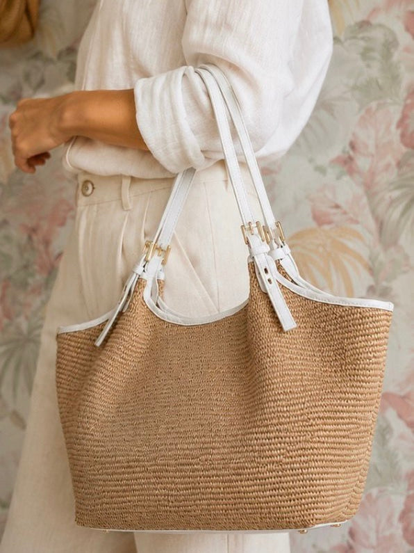 Borsa in rafia e vera pelle - BIANCO