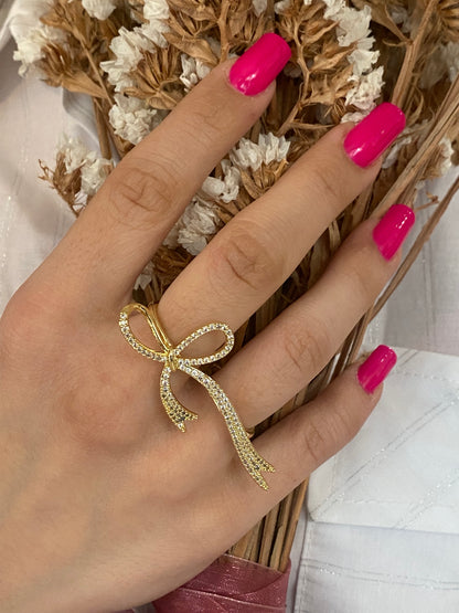Anello Fiocco Strass Doppio - ORO