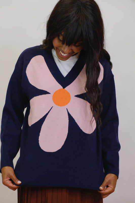 Maglia scollo v con fiore - BLUE