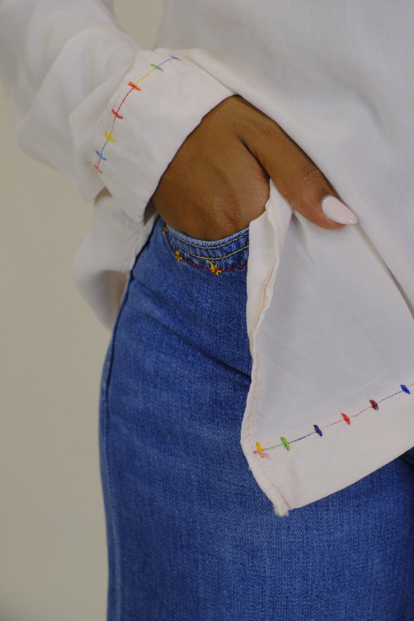 Jeans Largo Ricamo Fiori Tasca - DENIM SCURO