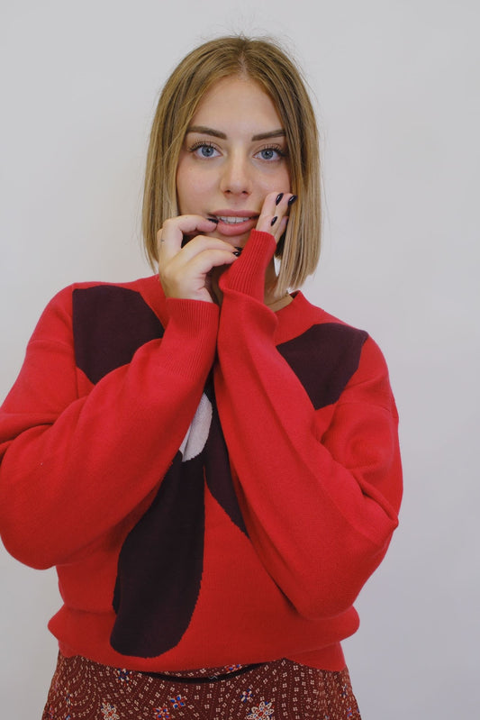 Maglia scollo v con fiore - ROSSO