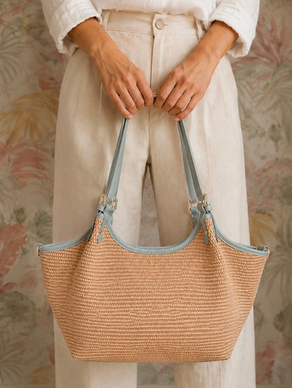 Borsa in rafia e vera pelle - VERDE MENTA