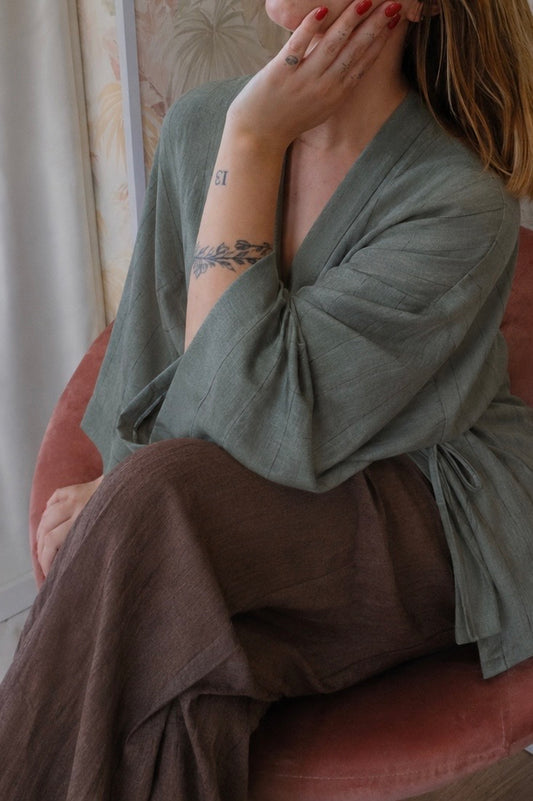 Kimono gessato con laccio - VERDE MILITARE