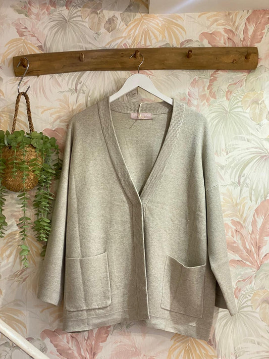 Cardigan over dettaglio rever tasche - BEIGE