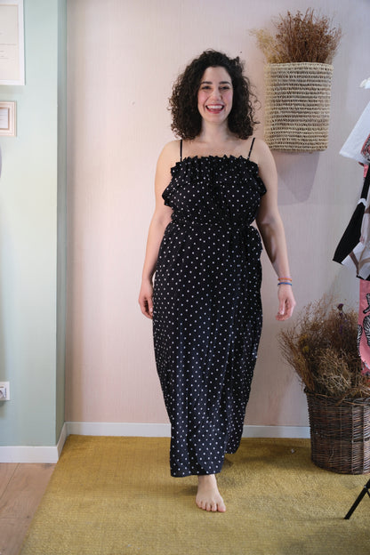 Abito lungo con spalline fantasia a pois - NERO