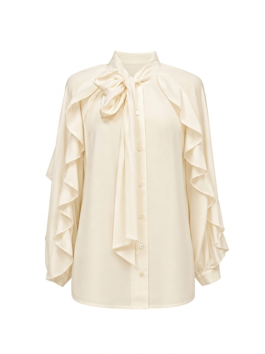 Camicia con voulant e fiocco - PANNA