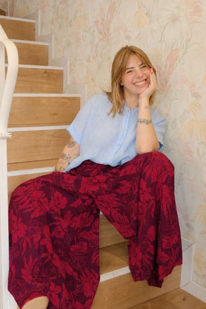 Pantalone gamba larga fantasia floreale - ROSSO
