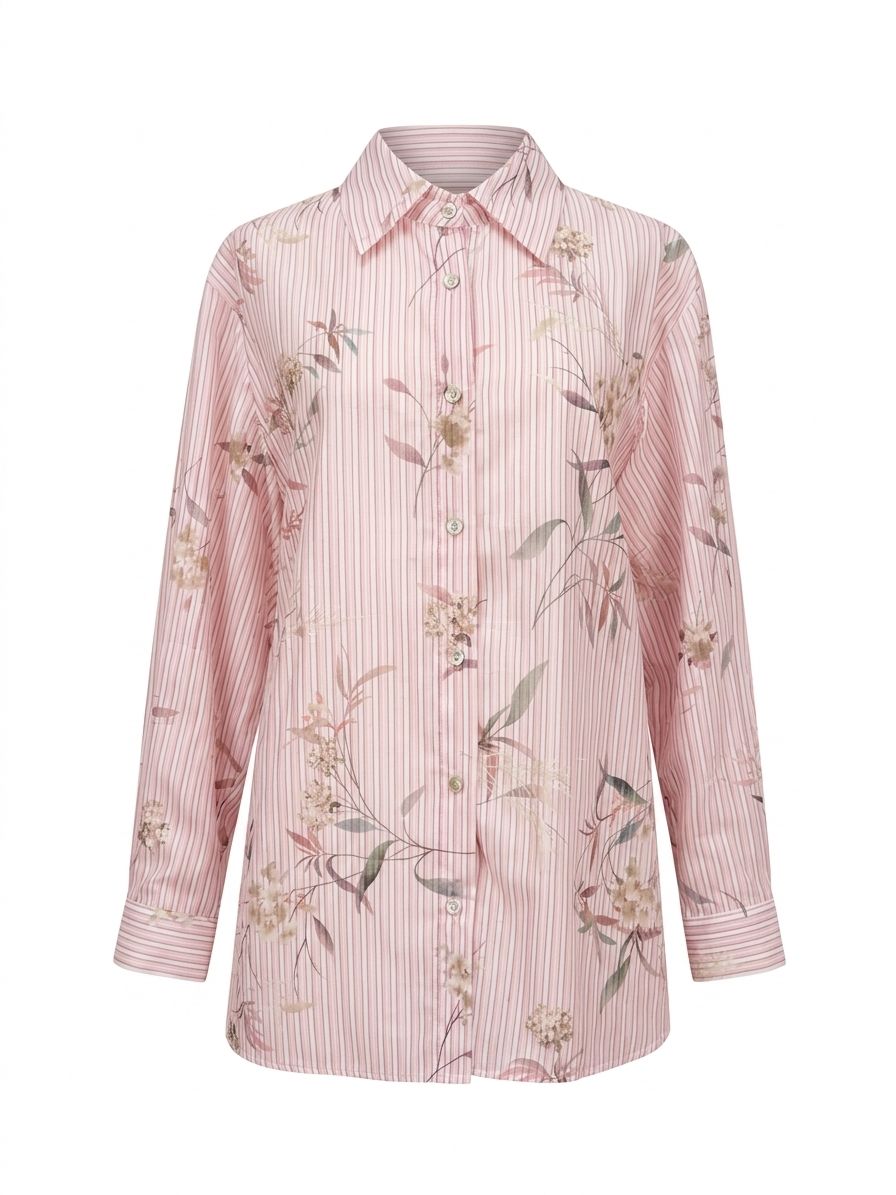 Camicia con righe e fiori - ROSA