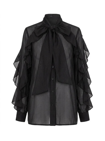 Camicia con voulant e fiocco - NERO