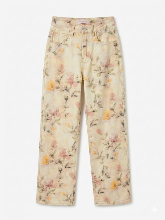 Jeans fantasia floreale - BEIGE